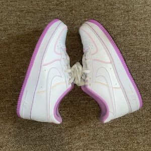 6Y White NIKE Air Force 1s w/ pink & purple trim(USED)